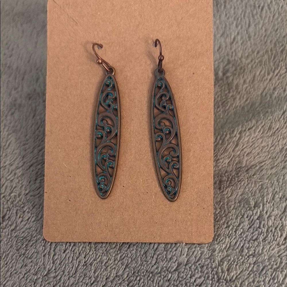 Brown and Blue Teardrop Earrings with Intricate Pattern